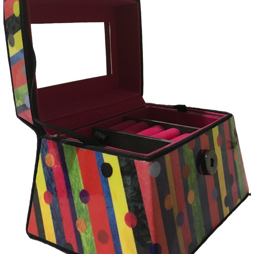VINTAGE PATENT LEATHER YELLOW PLUS MULTI COLOR STRIPED JEWELRY ORGANIZER/ HANDL…